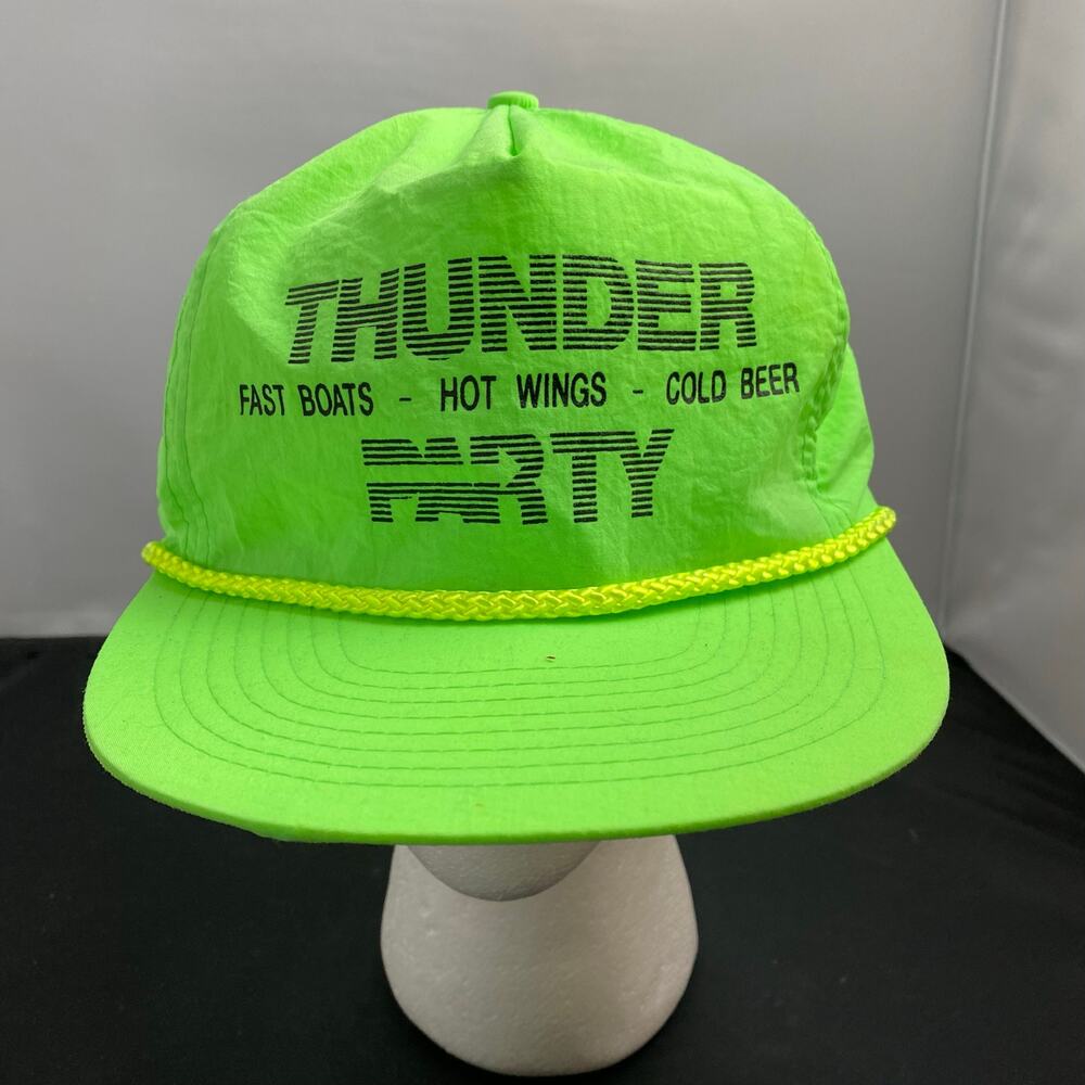 Vintage Neon Green Thunder Party Rope Hat Fast Boats Hot Wings Cold Beer Cap